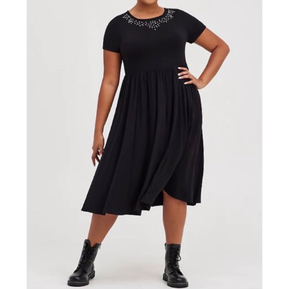 🆕 Black Knit Embellished Neck Midi Skater Dress 1 1X 14 16 NWT Torrid New!